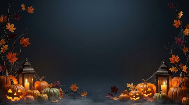 Halloween jack-o'-lanterns with carved faces illuminated