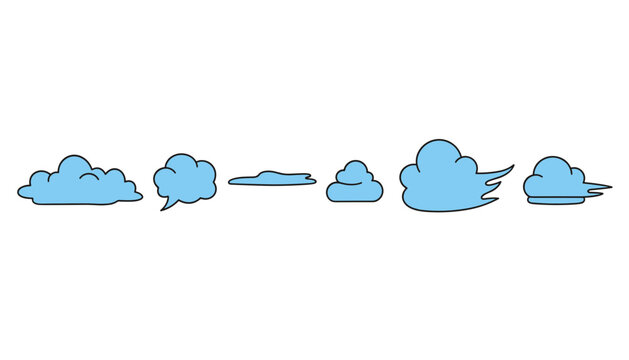 Collection of six stylized light blue clouds displays different shapes representing windy and fair weather conditions.