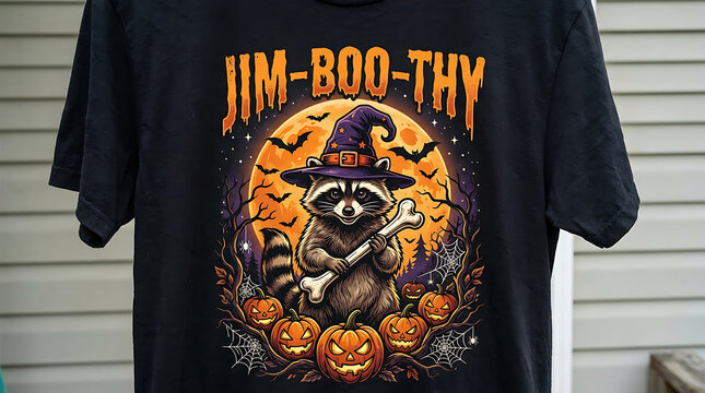 Spooky raccoon wizard graphic t-shirt design for halloween season with halloween