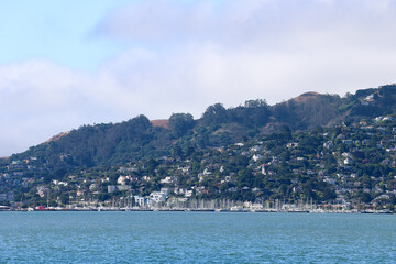 Fototapeta premium A scenic view of the residential hillside community of Sausalito with its marina on the water.