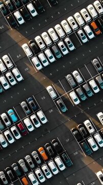 Stunning aerial footage showing a large car dealership parking lot filled with brand new vehicles, the setting sun casting long shadows creating a dramatic geometric visual effect