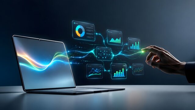 Futuristic data analytics dashboard with glowing charts and laptop