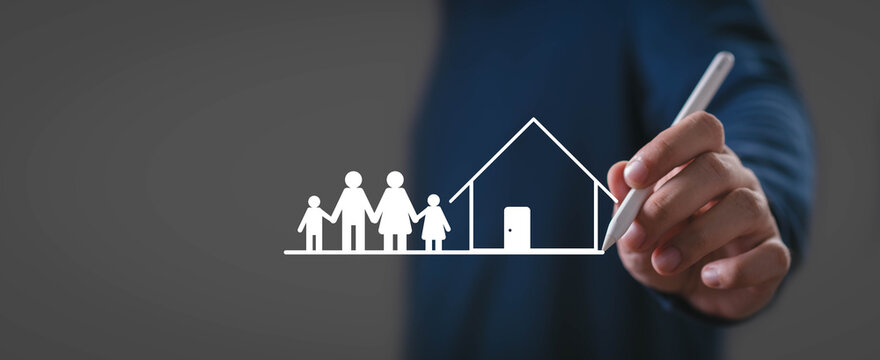 Family home insurance featuring a digital house and family icon, representing property protection, financial security, home ownership, insurance coverage, risk management and long-term family safety.