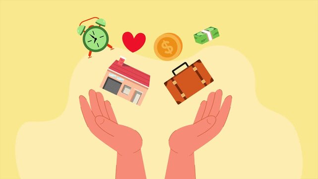 Hands protecting healthy work life balance. Work life balance concept. Full length Icon animation illustration. High quality&nbsp;4k&nbsp;footage