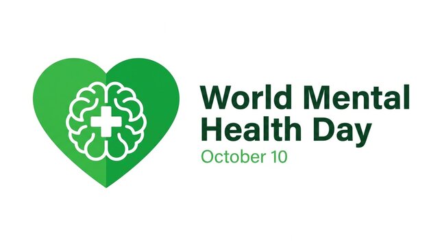 World mental health day awareness design with green heart and brain icon on white background