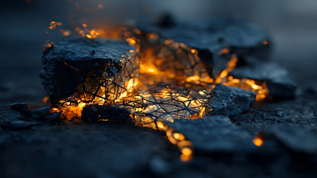 Burning ice cube with golden flames melting on dark reflective surface for dramatic effect