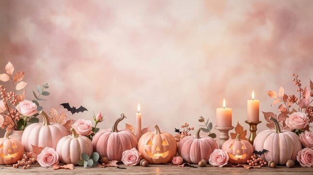 Halloween pumpkin patch with carved jack-o'-lanterns