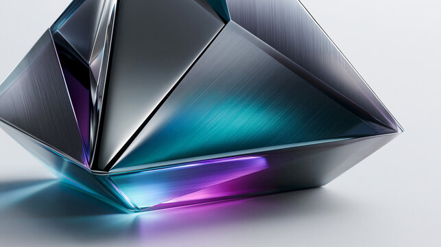 Metallisches geometrisches Objekt mit blauem Glanz auf wei&szlig;em Grund