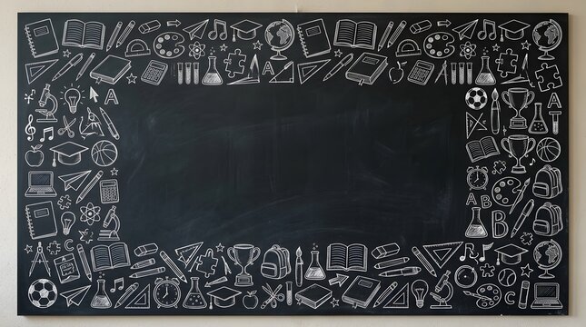 Detailed academic chalkboard border with education symbols