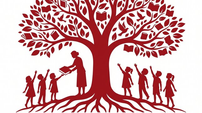 Red minimalist silhouette of knowledge tree with book leaves and birds, teacher and children below.
