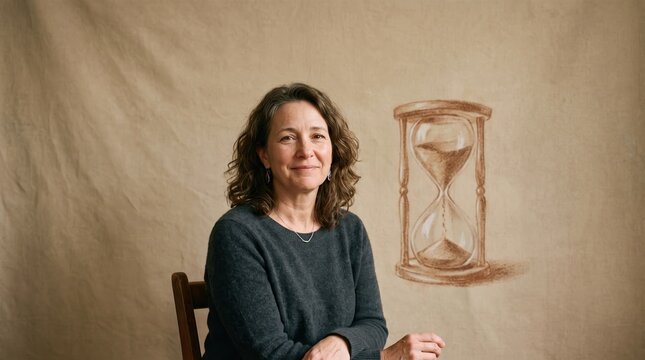 Middle aged woman with bittersweet smile sitting by hourglass illustration on beige background