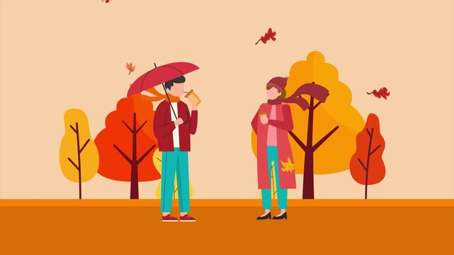 Friends celebrating cozy autumn outdoor gathering. Autumn Cozy life, Farming, Oktober fest concept. Full length Icon animation illustration. High quality&nbsp;4k&nbsp;footage
