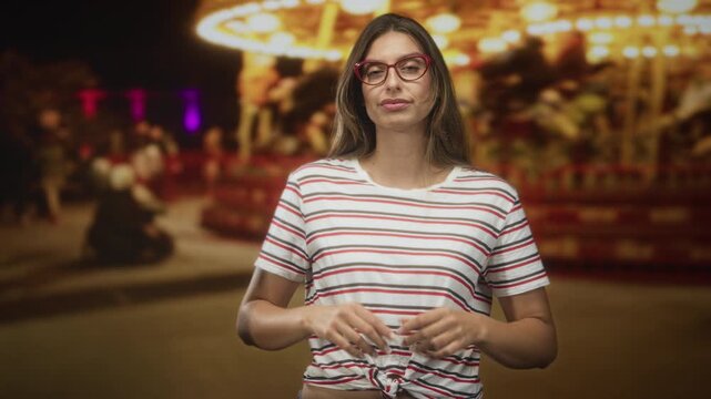 Woman adjusting red glasses with bare hands, striped shirt visible, standing before illuminated carousel on street; calm contemplation.