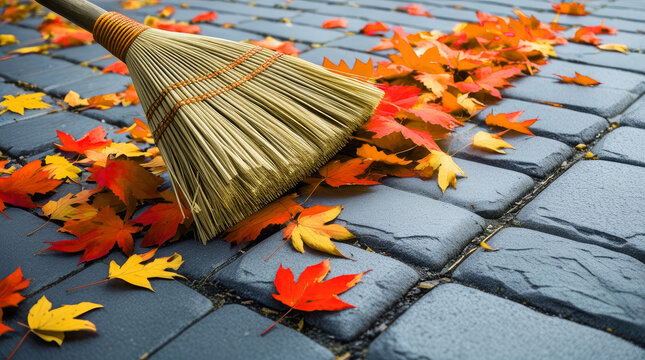 A traditional wicker broom sweeps bright autumn maple leaves off a grey stone pavement. Autumn yard cleanup process, seasonal sidewalk maintenance, outdoor gardening.