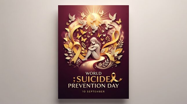 World suicide prevention day awareness poster with a golden ribbon, semicolon symbol, and a silhouette of a person surrounded by doves and butterflies