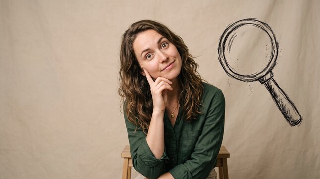 Curious woman tilting head with thoughtful expression and illustrated magnifying glass