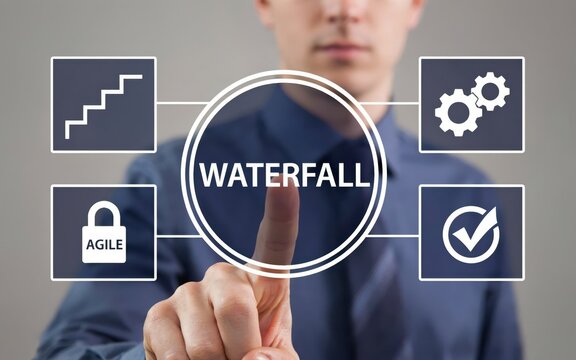 Businessman pressing a virtual button with waterfall text