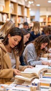 Young woman reading paperback book in crowded bookstore interior