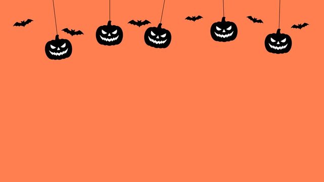 Hanging black jack-o-lantern pumpkin and flying bat silhouette on orange background animation