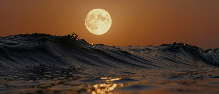 Full Moon Rising Over Ocean Waves at Sunset with Golden Reflection on Water Surface