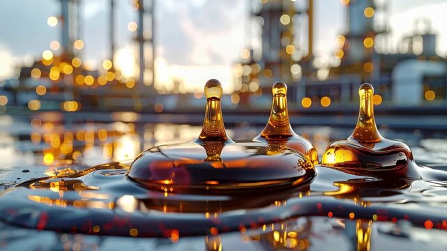 Golden Oil Droplets on Water: Macro shot of glistening golden oil droplets forming intriguing shapes on the water's surface, with a blurred industrial refinery in the background at sunset.