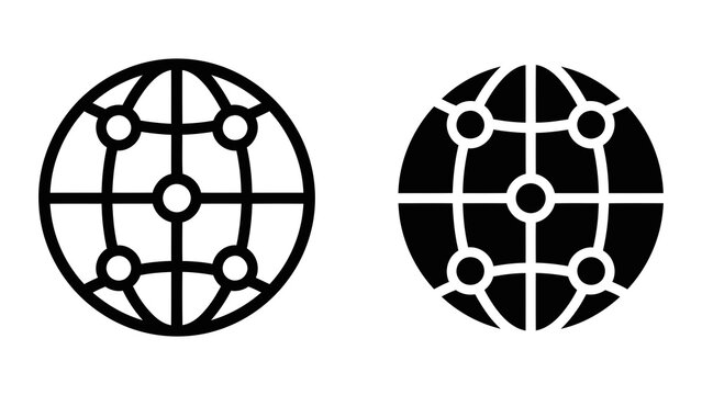 Global network connection globe icon set in solid and outlined black vector design style