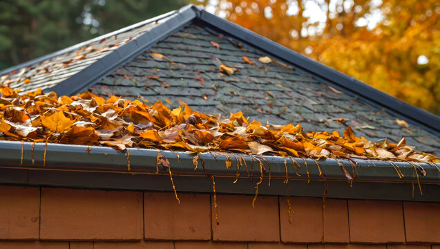 A brown tiled roof and gutter are completely filled with orange autumn leaves. Clogged roof drainage system, seasonal house maintenance, autumn backyard scenery.