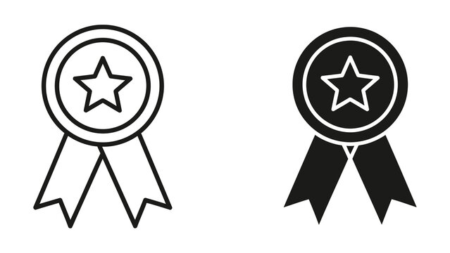 Award ribbon star badge vector illustration in flat outline and solid icon design