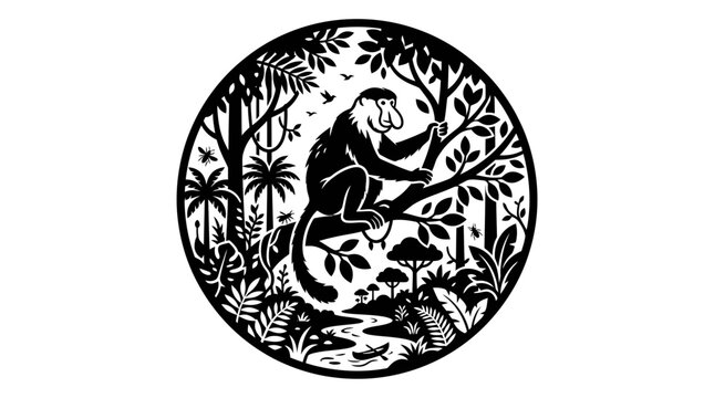 Proboscis monkey in jungle landscape frame.