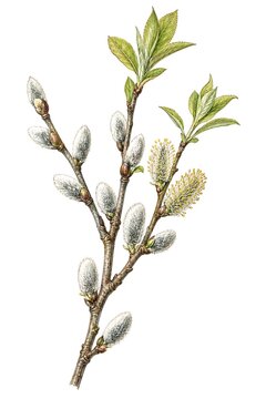 Vintage Botanical Illustration of Willow Catkins
