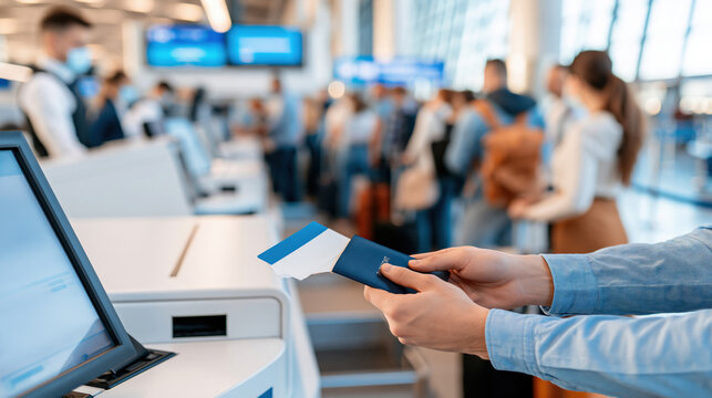 Traveler holding passport and boarding pass at airport check in
