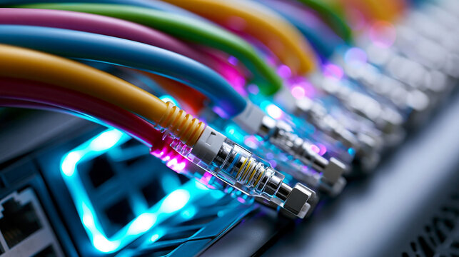 Bunte Netzwerkkabel stecken in Switch mit blauem Technologielicht