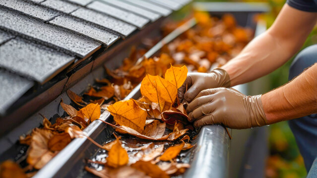 A professional technician clears wet autumn leaves out of a metallic roof gutter. Residential water drainage cleaning service, house roofing maintenance, property preservation.