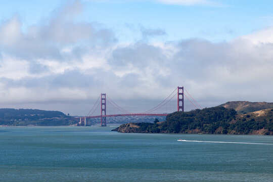 Iconic Golden Gate Bridge view across San Francisco Bay from Belvedere Avenue