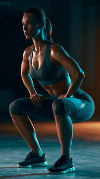 Muskul&ouml;se Sportlerin hockt konzentriert im modernen Fitnessstudio