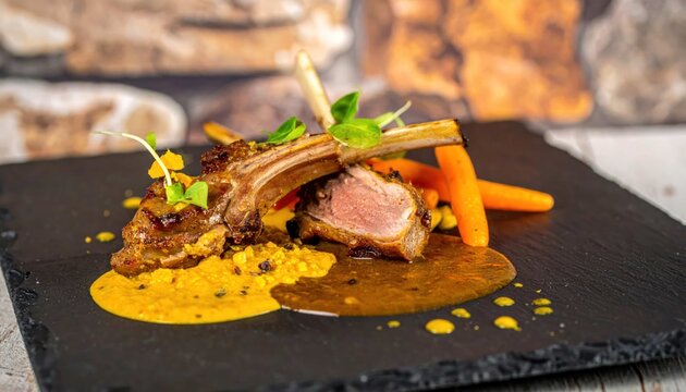 Gourmet Grilled Lamb Chops Served with Roasted Baby Carrots and Savory Sauce on a Black Stone Plate