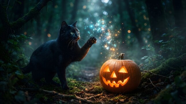 A magical black cat with glowing green eyes reaches out a paw to conjure shimmering, enchanted sparkles above a brightly lit, carved Halloween jack-o'-lantern