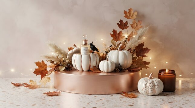 A sophisticated autumnal display featuring a perfume bottle nestled within white pumpkins, copper accents, dried foliage, fairy lights, and a candle on marble surface.