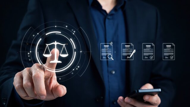 Businessman touching digital interface with law icons