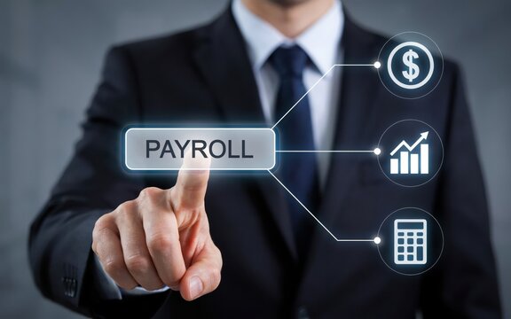 Businessman pressing a virtual button for payroll management