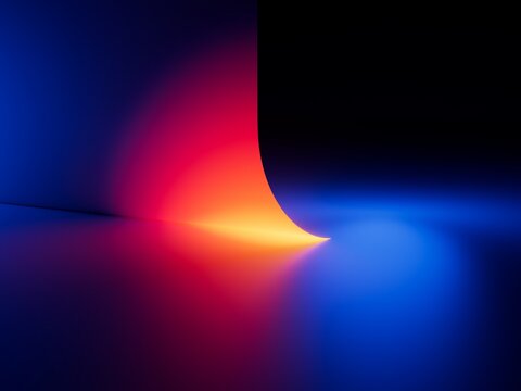 Glowing neon gradient light spreads across a dark abstract architectural curve. Elegant futuristic background for branding, technology, and creative visual design. 3D render illustration.