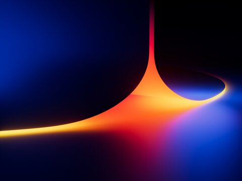 Abstract neon gradient scene with glowing red, orange, and blue light on a dark background. Modern futuristic background for technology, branding, and digital design. 3D render illustration.