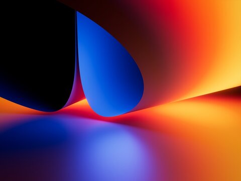 Dramatic neon gradient composition with sculptural curves and glowing reflections. Modern abstract image for branding, technology, and creative design concepts. 3D render illustration.
