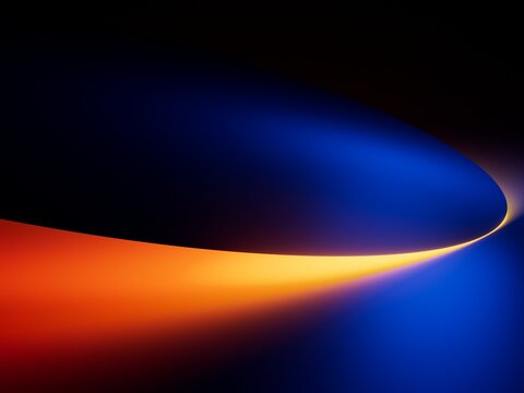 Sleek neon gradient wave with glowing red and blue light on a dark surface. Minimal futuristic background for branding, interfaces, and digital technology design. 3D render illustration.