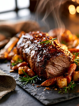 Glasierter Braten ruht auf Schieferplatte mit Karotten vor Lichterkette