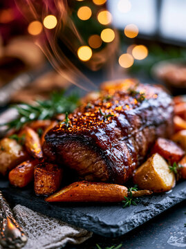 Glasierter Braten ruht auf Schieferplatte mit Karotten vor Lichterkette