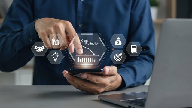 Business person using smartphone for cost reduction