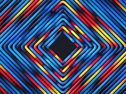 Neon lines form a glowing diamond tunnel with vibrant red, blue, and yellow colors. 3d render illustration.
