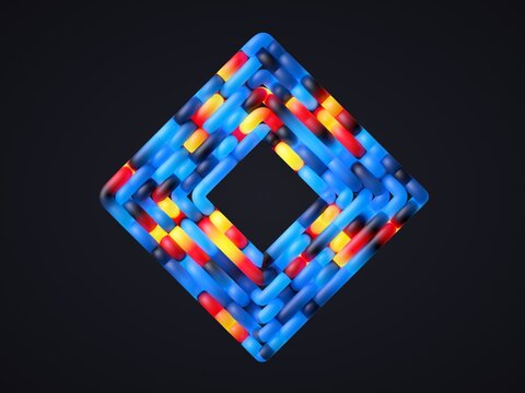 A glowing blue diamond shape with red and yellow accents floats against a dark background. 3d render illustration.