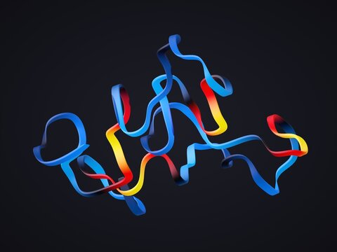 A colorful ribbon diagram of a protein structure twists and turns against a dark background. 3d render illustration.